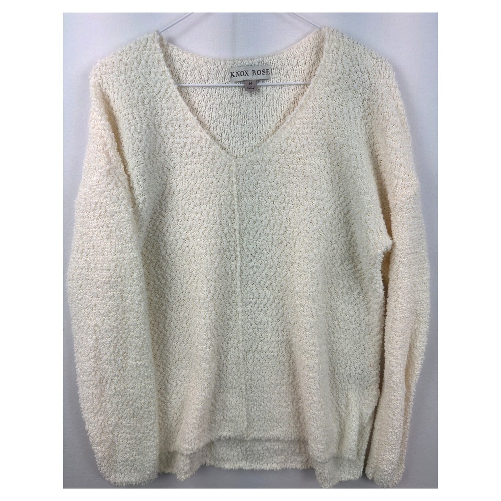Knox Rose Popcorn Knit Sweater Womens Medium Cream V-Neck Long Sleeve Pullover